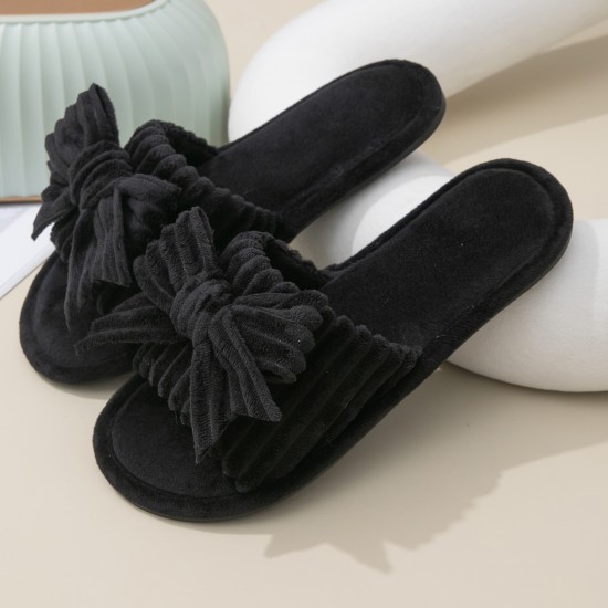 Women Bow Décor Plush Open Toe Memory Foam Fluffy Slippers Women Bow Décor Plush Open Toe Memory Foam Fluffy Slippers