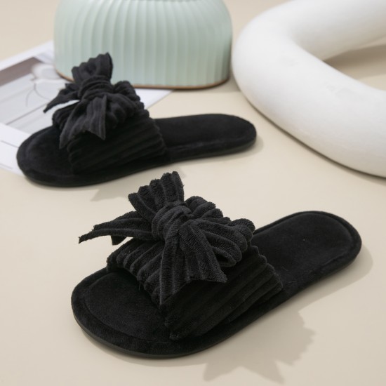 Women Bow Décor Plush Open Toe Memory Foam Fluffy Slippers Women Bow Décor Plush Open Toe Memory Foam Fluffy Slippers