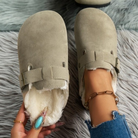 Comwarm Fur Lined Clogs for Women Men Winter Fuzzy Cork Slippers Fur Cork Mules Short Plush House Cork Shoes Winter Zuecos Mujer