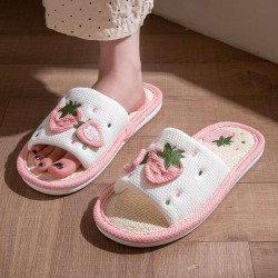 Strawberry Linen Upper Sweet Home Girl's Soft Soles Silent Non-slip Floor Slippers in Line with Human Bow Science Shoes Sandals