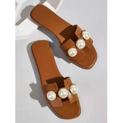 Slippers Women 2025 New Flat Slippers Party Shoes Fashion Pearl Sandals Slippers Roman Women Flip-Flops Casual Beach Shoes Trend