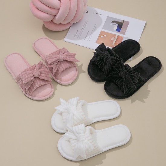 Women Bow Décor Plush Open Toe Memory Foam Fluffy Slippers Women Bow Décor Plush Open Toe Memory Foam Fluffy Slippers